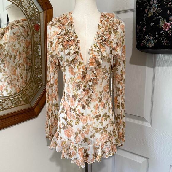 Zimmermann Cream Silk & Peach Floral Pattern Ruffled Long Sleeve Sheer Top 0/XS - Picture 1 of 8